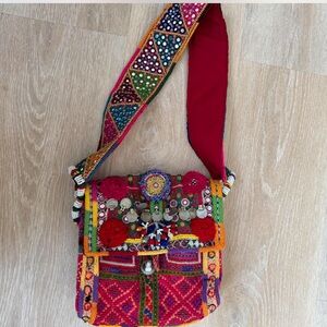 Hand Crafted Red and Pink Crossbody Bag with Patchwork Design